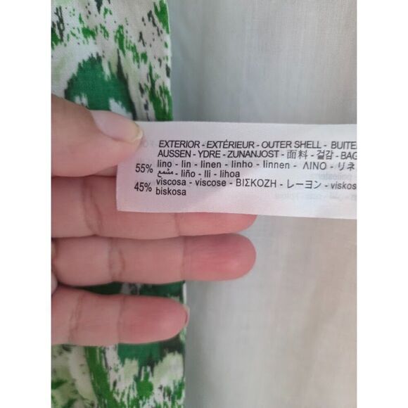 Zara Green White Black Print Linen Blend Bubble Sleeve Tie Front Kimono sz Large - Picture 8 of 8